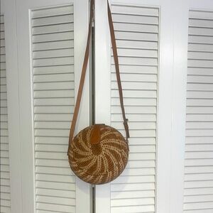 Authentic Brown Woven Crossbody Bag from Ghana with leather strap and accents